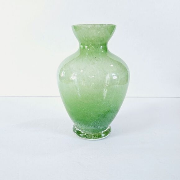 Vintage Green Mottled Art Glass Steuben Cluthra Style Flare Neck Round Base Vase - Picture 1 of 9